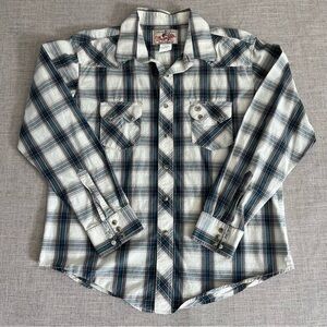 Wrangler Mens Shirt L Western Pearl Snap Blue Plaid Sawtooth Pockets Cowboy VTG
